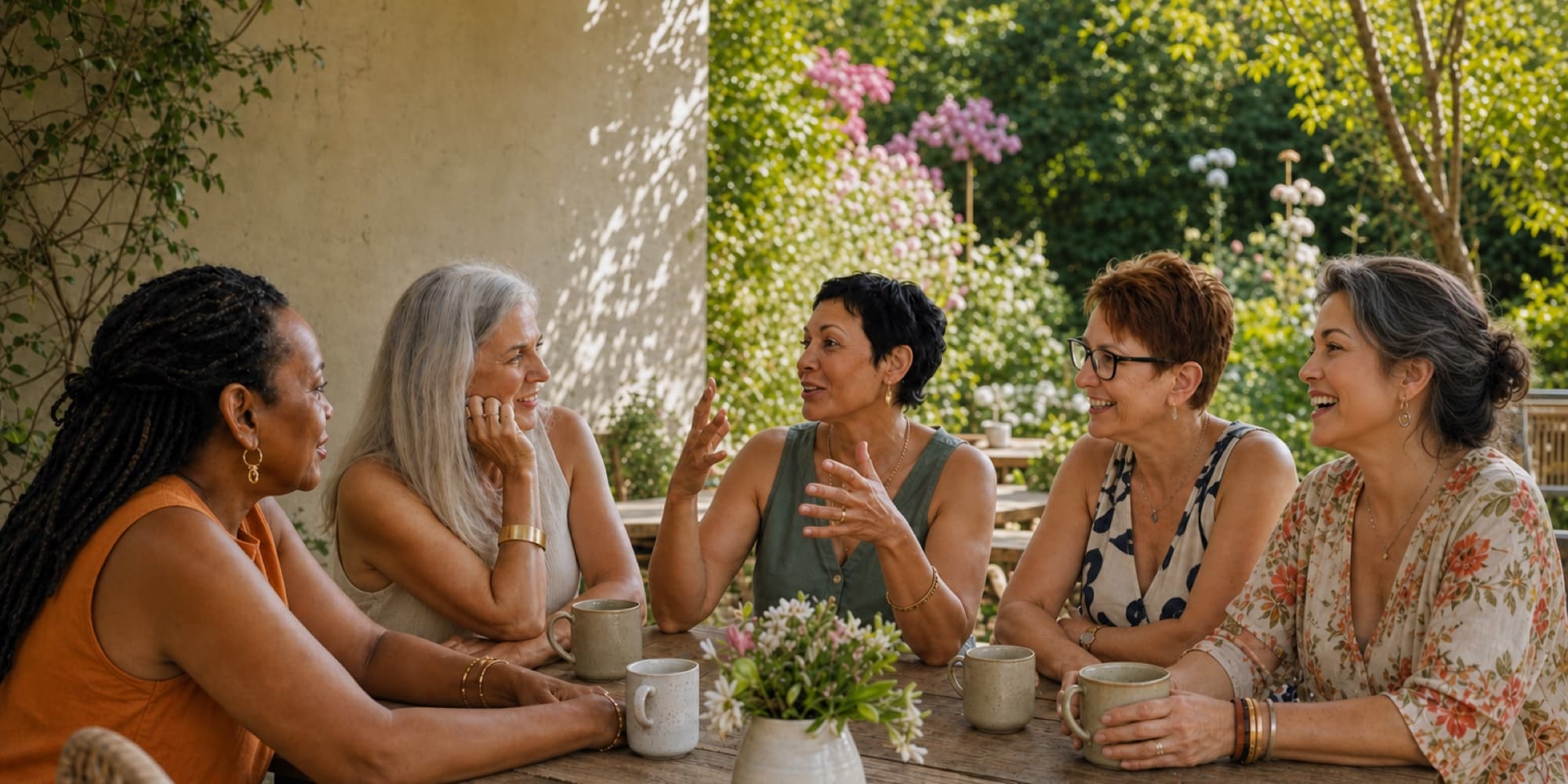 Five women in their fifties and sixties sitting around a wooden garden table in bright daylight, mid-conversation over mugs of coffee. One is talking with her hands while the others listen and laugh.